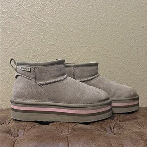BearPaw Taupe Suede Platform Boots with Pink Trim